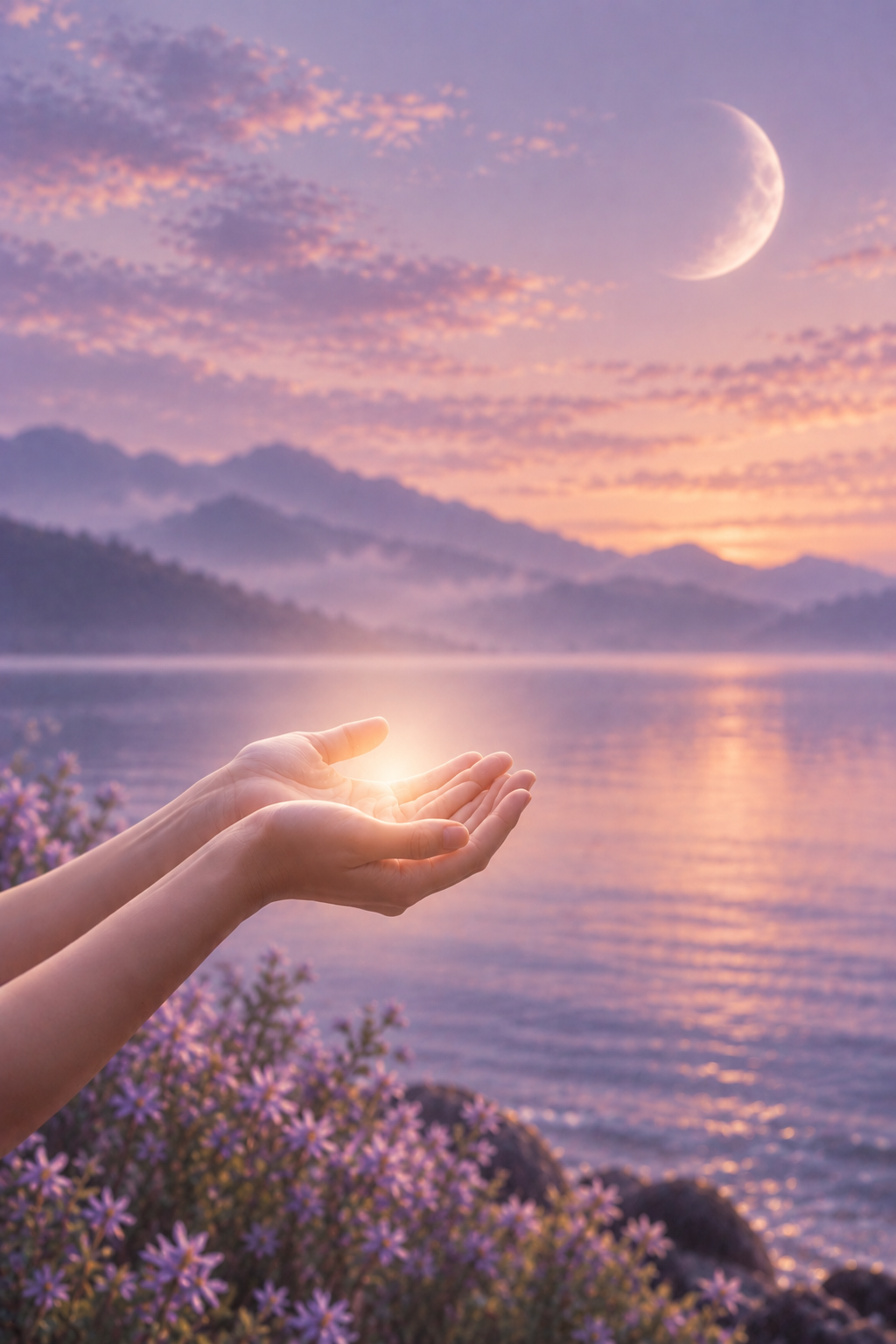Cupped hands holding light at dusk, crescent moon above the water